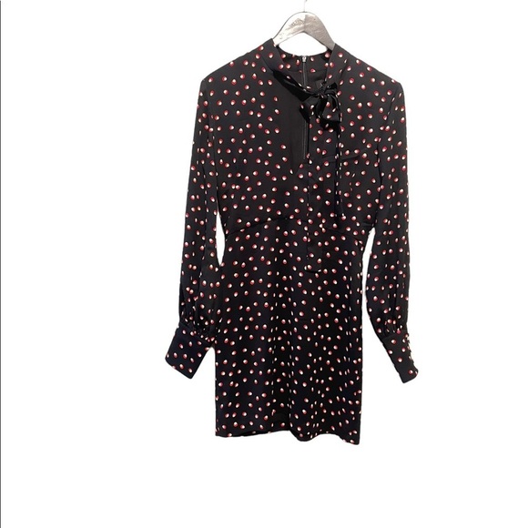 Bardot Dot Print Keyhole Tie Neck Blouson Slit Long Sleeve Lined Mini Dress - Picture 4 of 9
